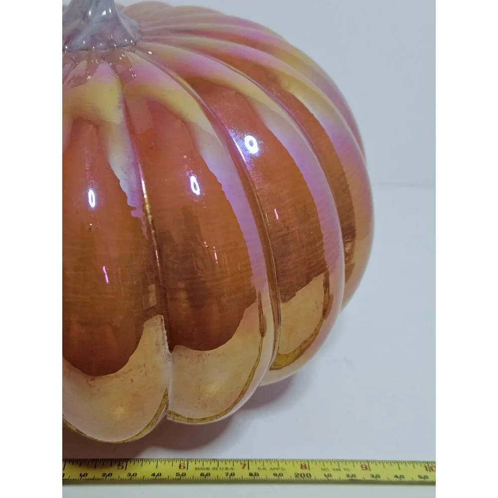 Orange Pink Iridescent Glass Pumpkin Light Up LED Amber Luster Fall Decor 8